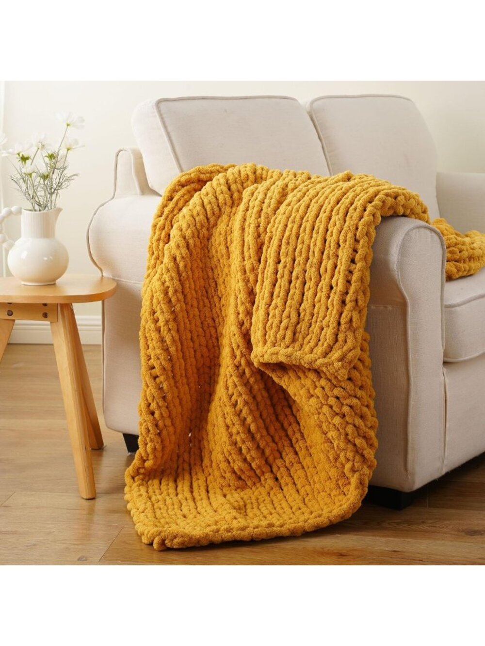 Cozy Yellow Chunky Knit Chenille Throw Blanket for Couch, 50x60in Soft Decor